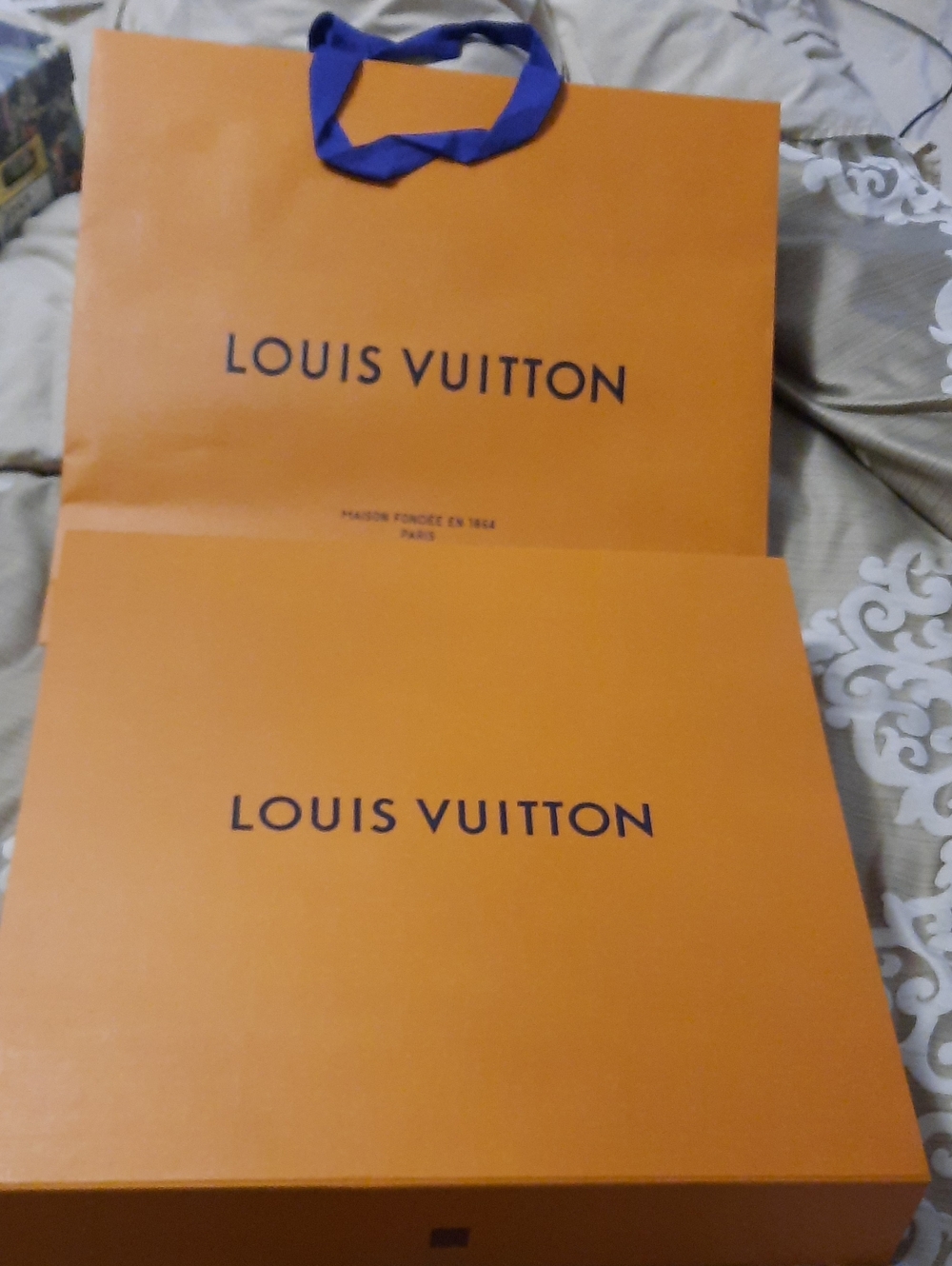 Louis Vuitton Orange Gift Box and Tote with Blue Logo